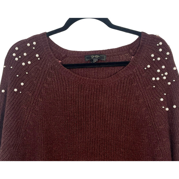 3-FOR-$30 Jessica Simpson Sz L Oversize Sweater Pearl Details Maroon Acrylic - Picture 3 of 10